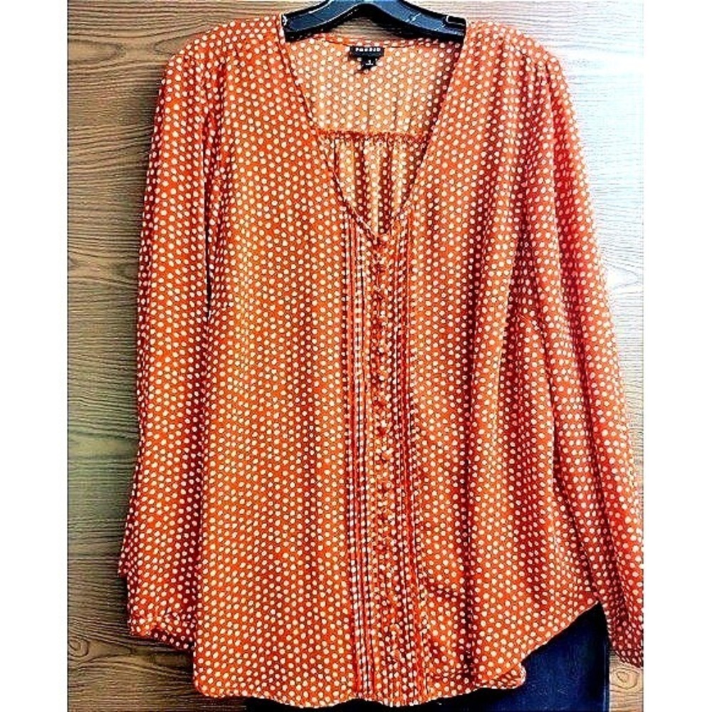 Torrid Polka Dot Pleated Button Front V-Neck Blouse Rust Orange White Size 1